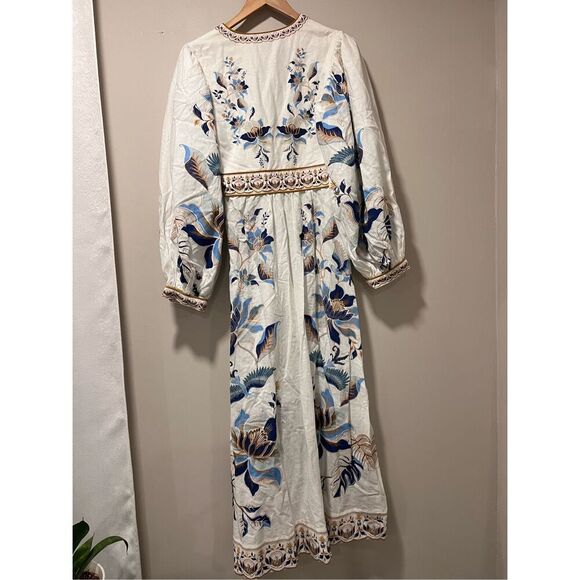 FARM Rio Women's White Blue Mystic Lotus Print Linen Blend Maxi Dress Small NWOT - Picture 11 of 16